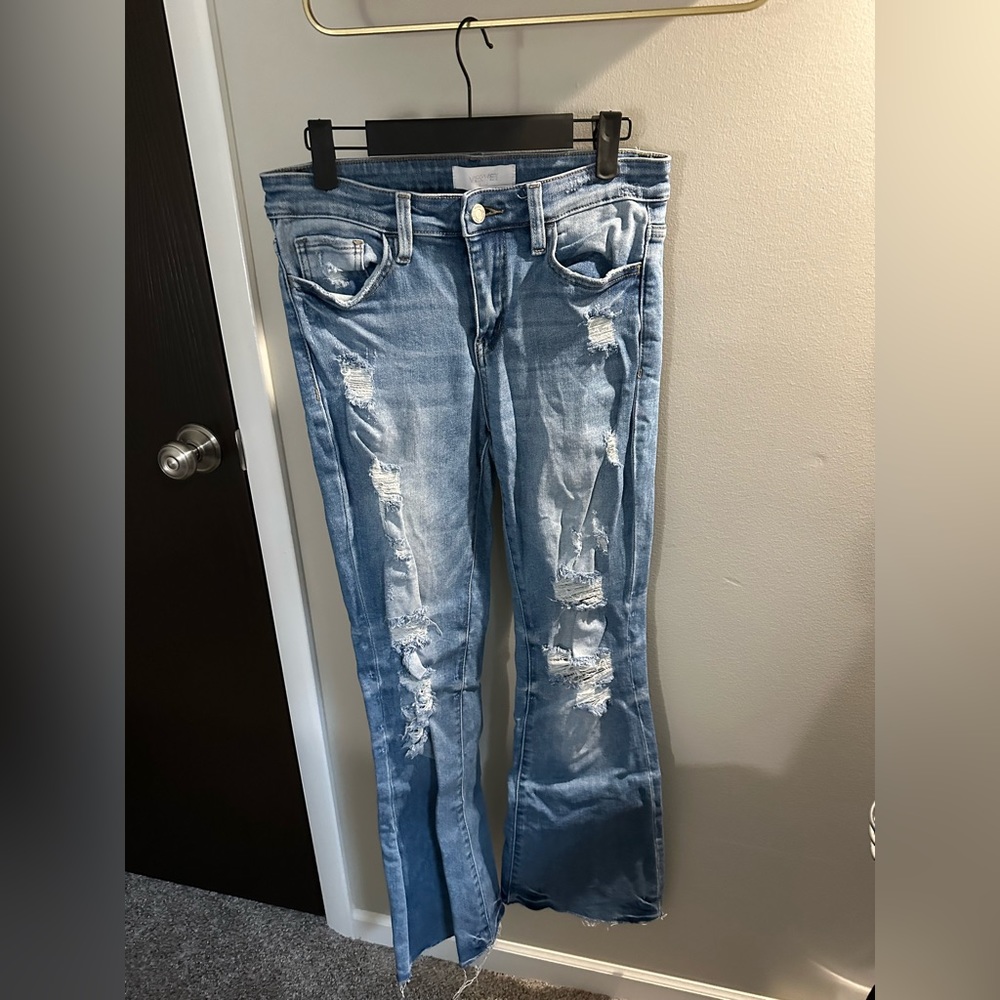 Vervet Blue High Rise Flare Distressed Jeans